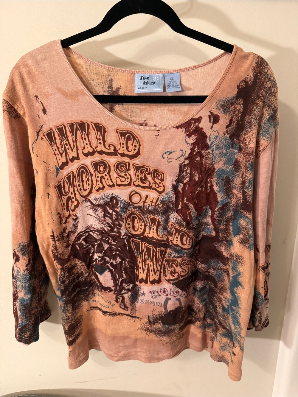 Vintage Y2K Jane Ashley "Wild Horses of the Old West" Graphic Top Western Rodeo
